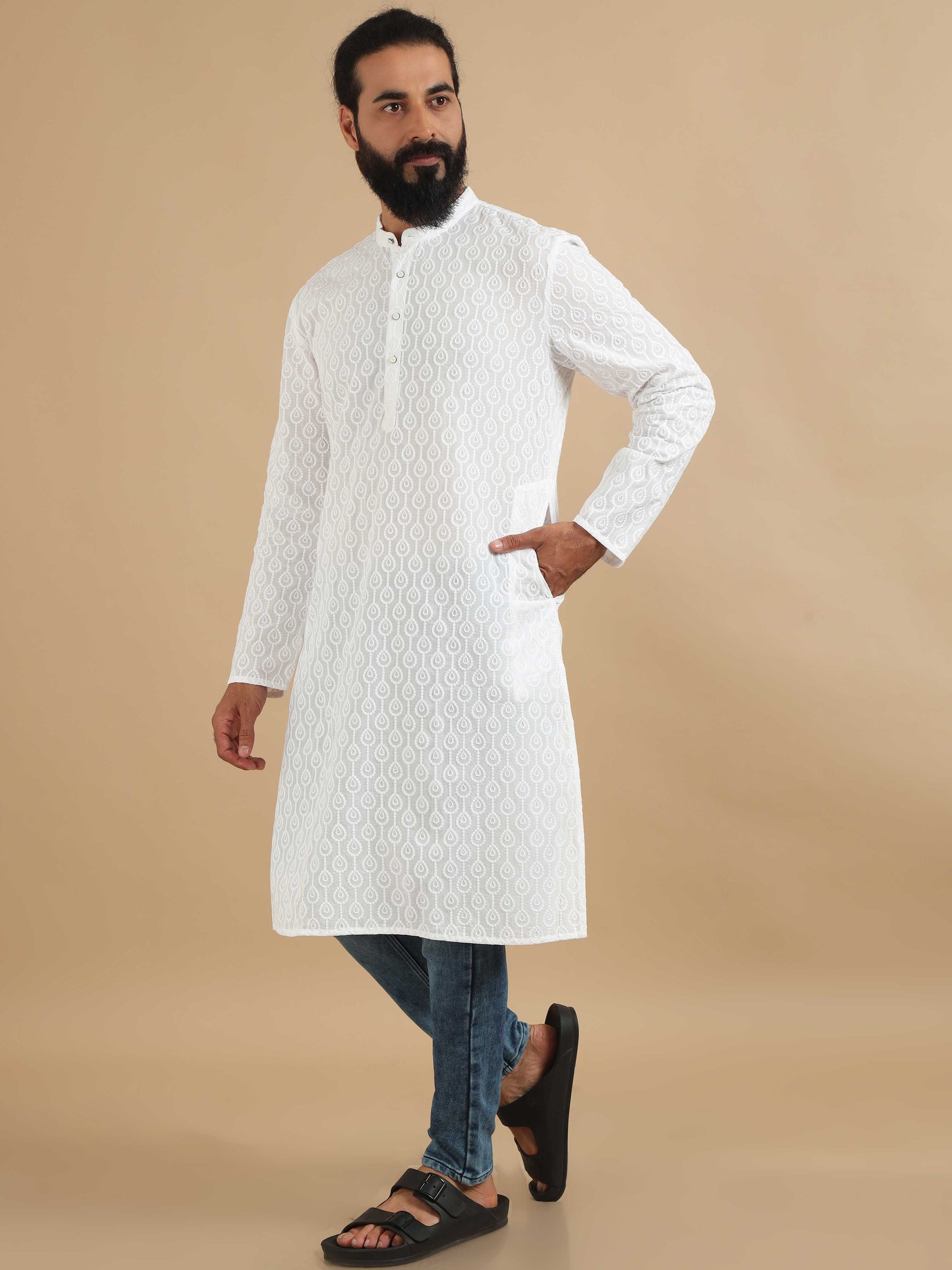 White Chikankari long kurta for men