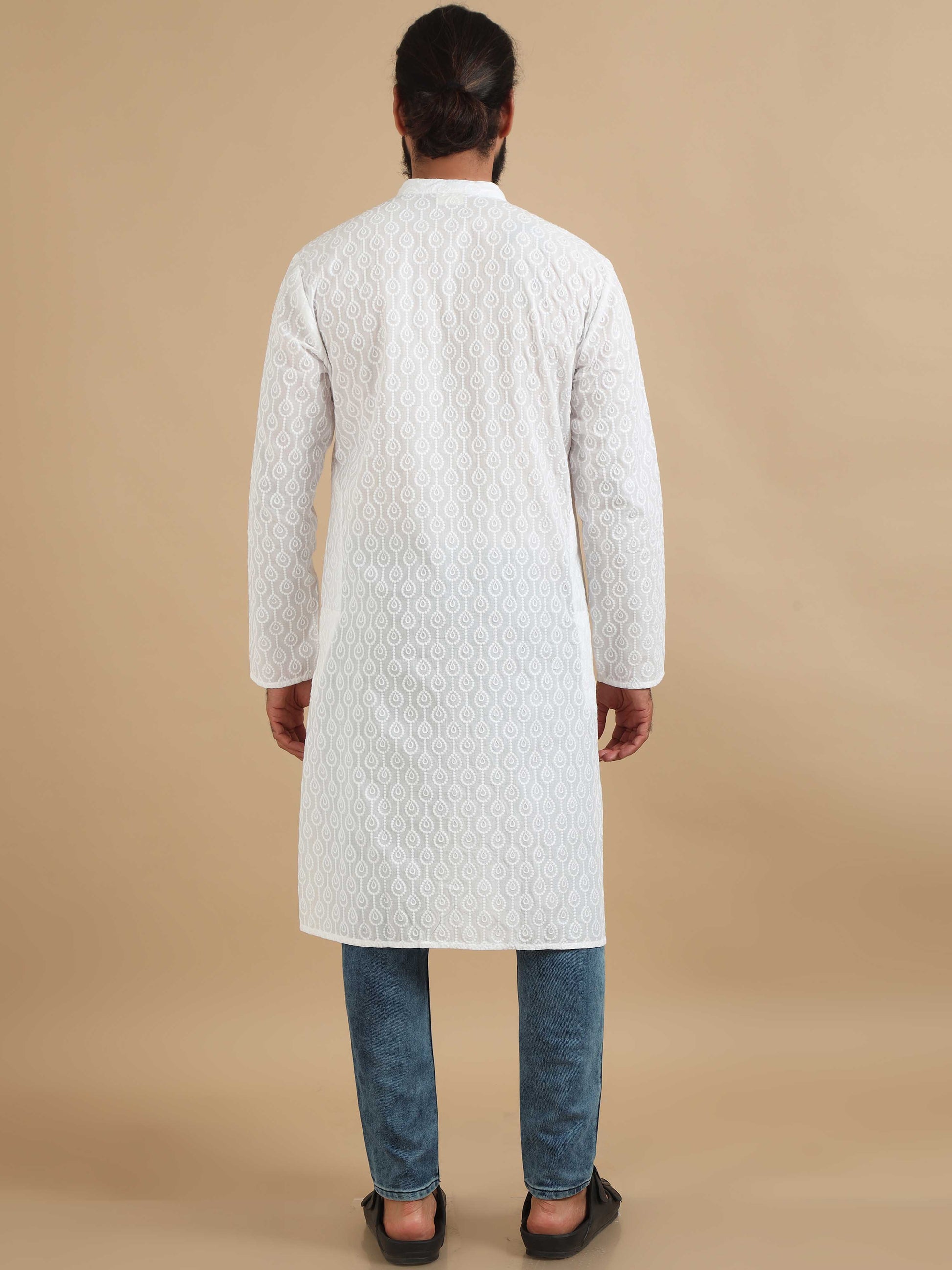 White Chikankari long kurta for men