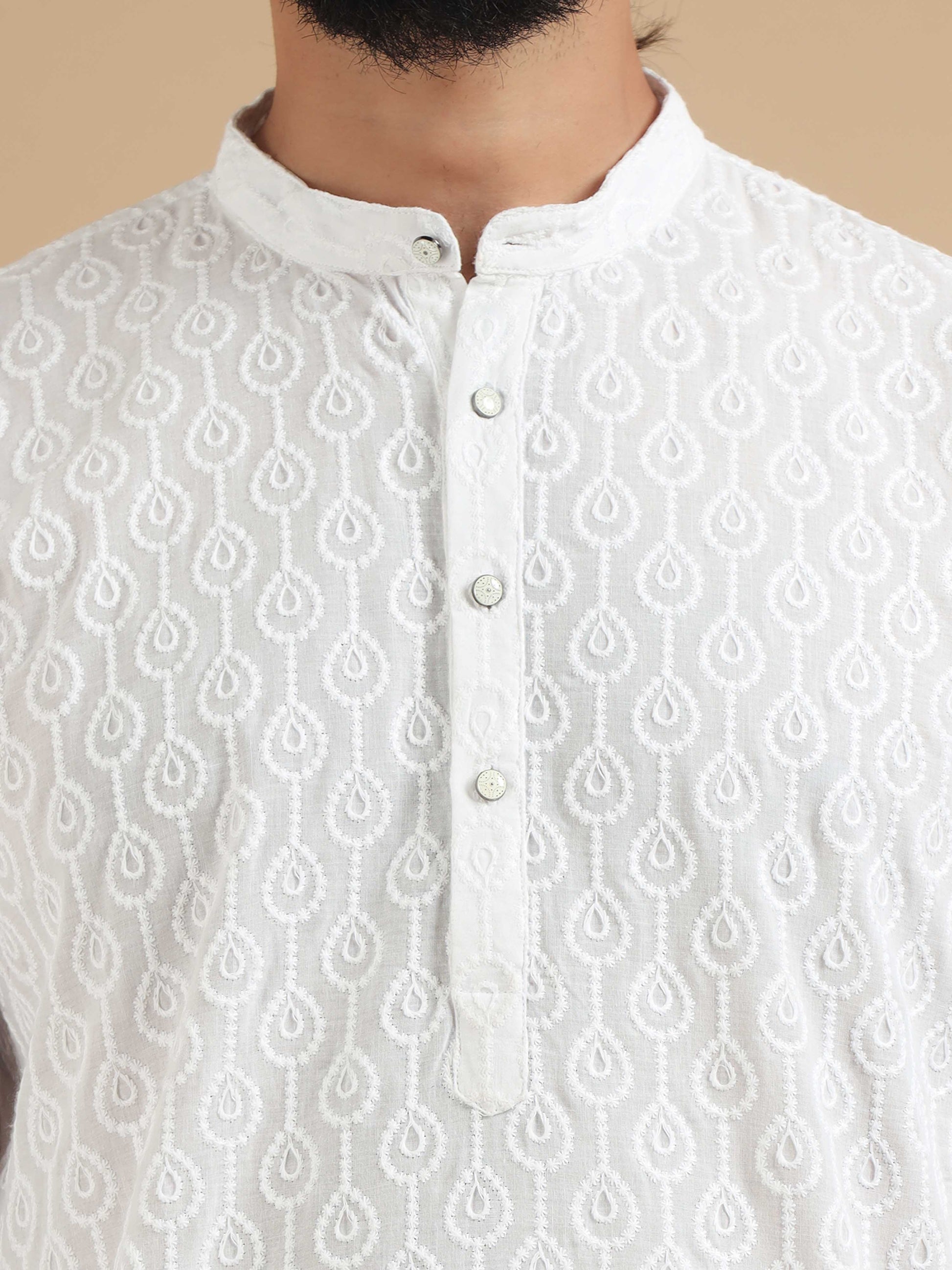 White Chikankari long kurta for men