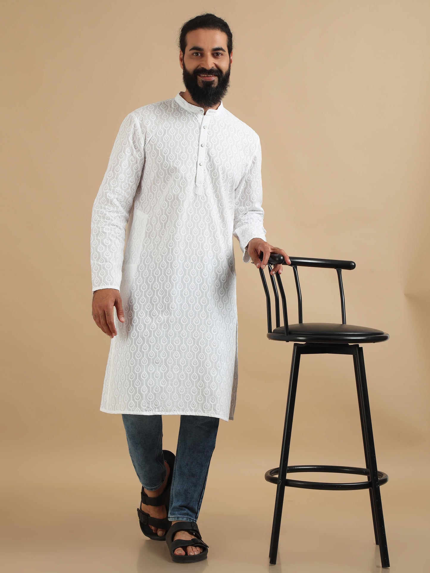 White Chikankari long kurta for men