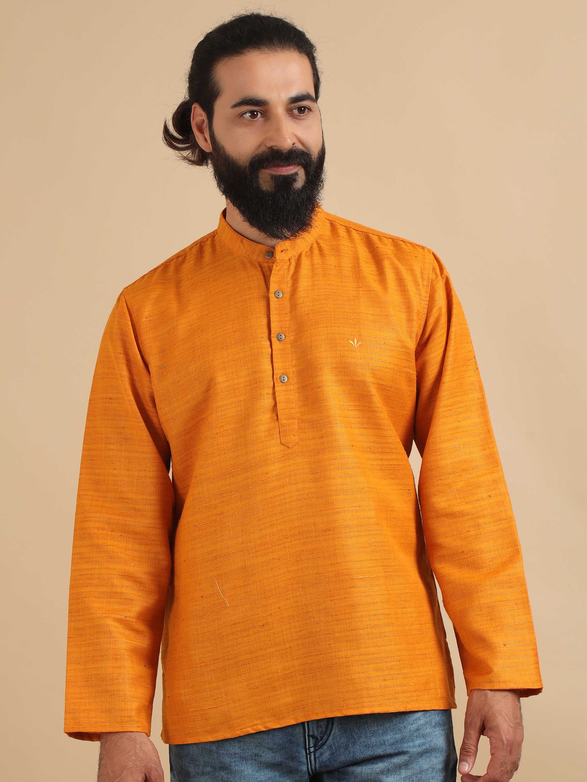 Golden Yellow cotton short kurta for mens