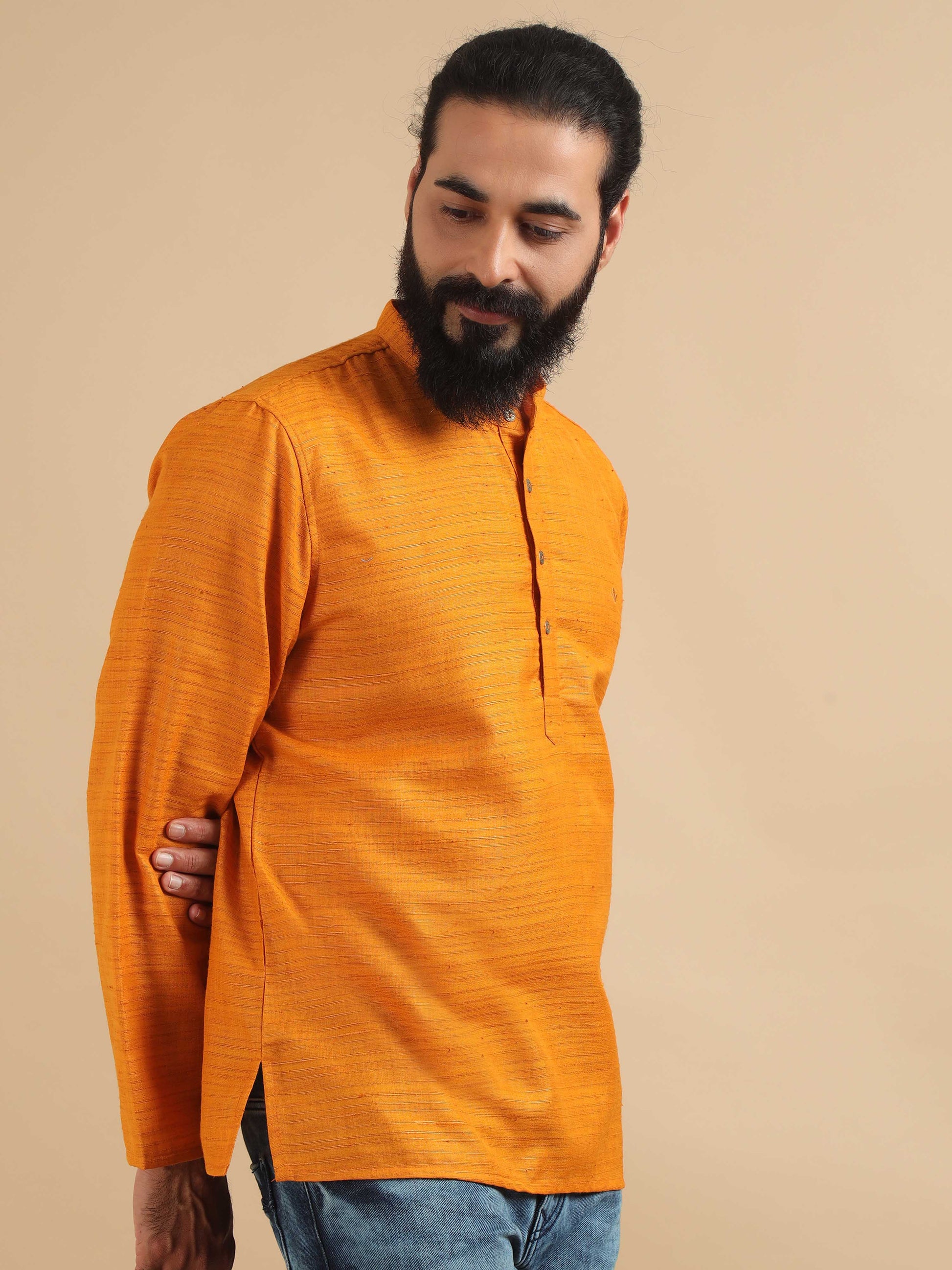 Golden Yellow cotton short kurta for mens