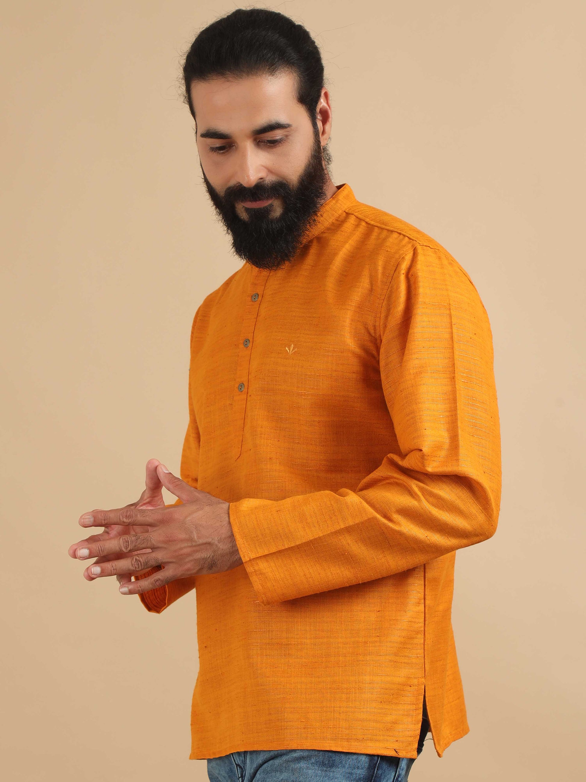 Golden Yellow cotton short kurta for mens