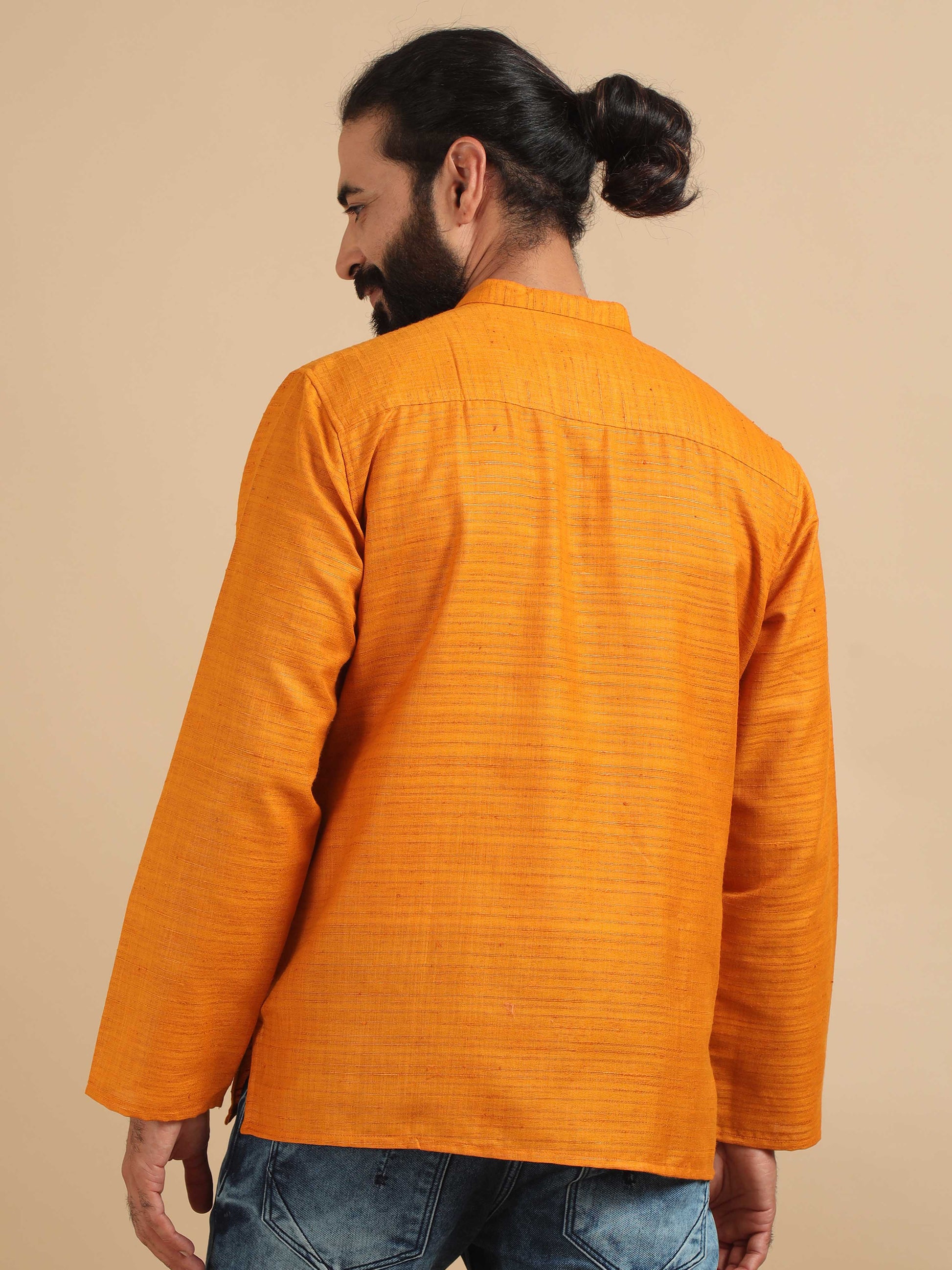 Golden Yellow cotton short kurta for mens