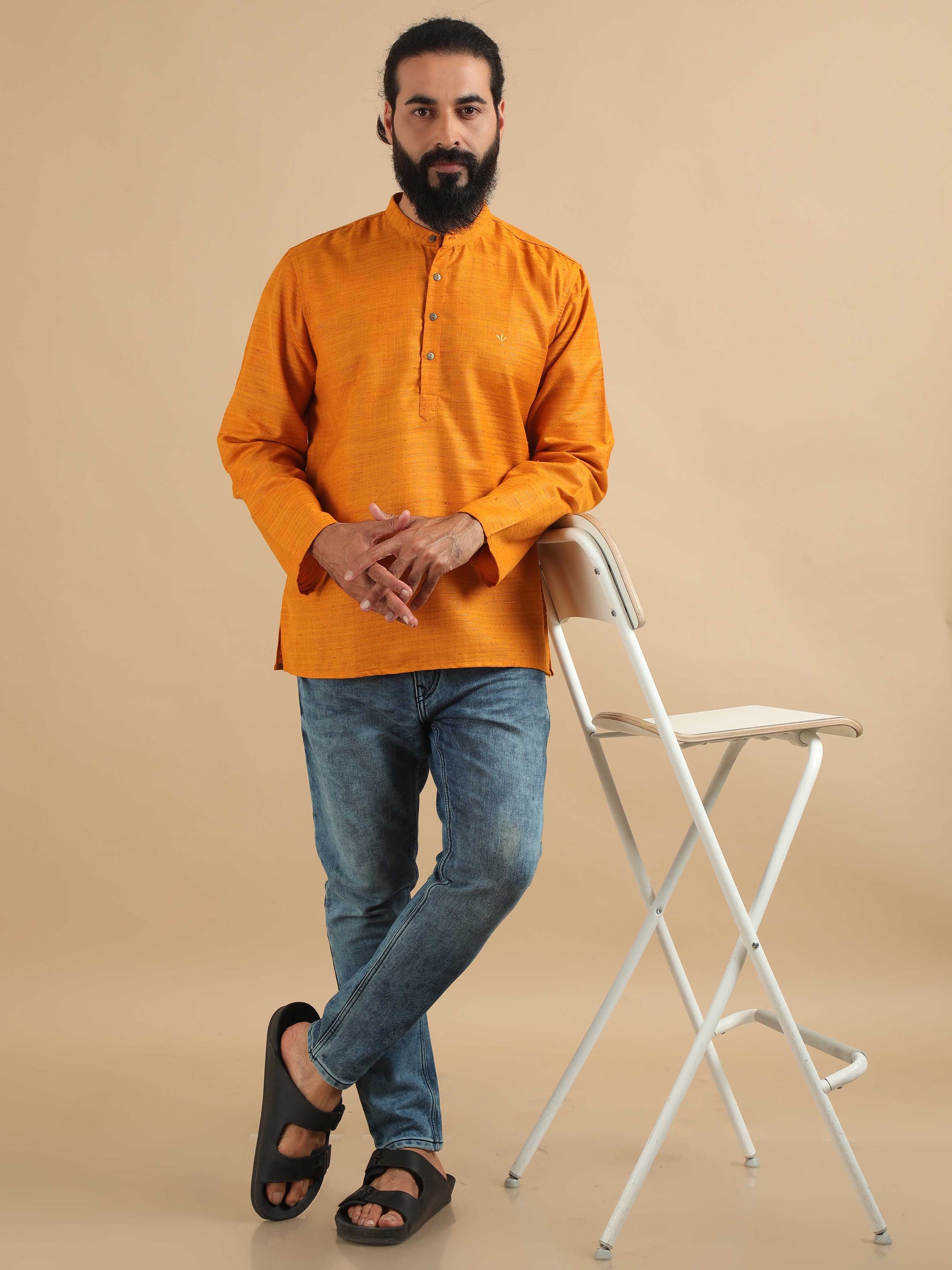 Golden Yellow cotton short kurta for mens