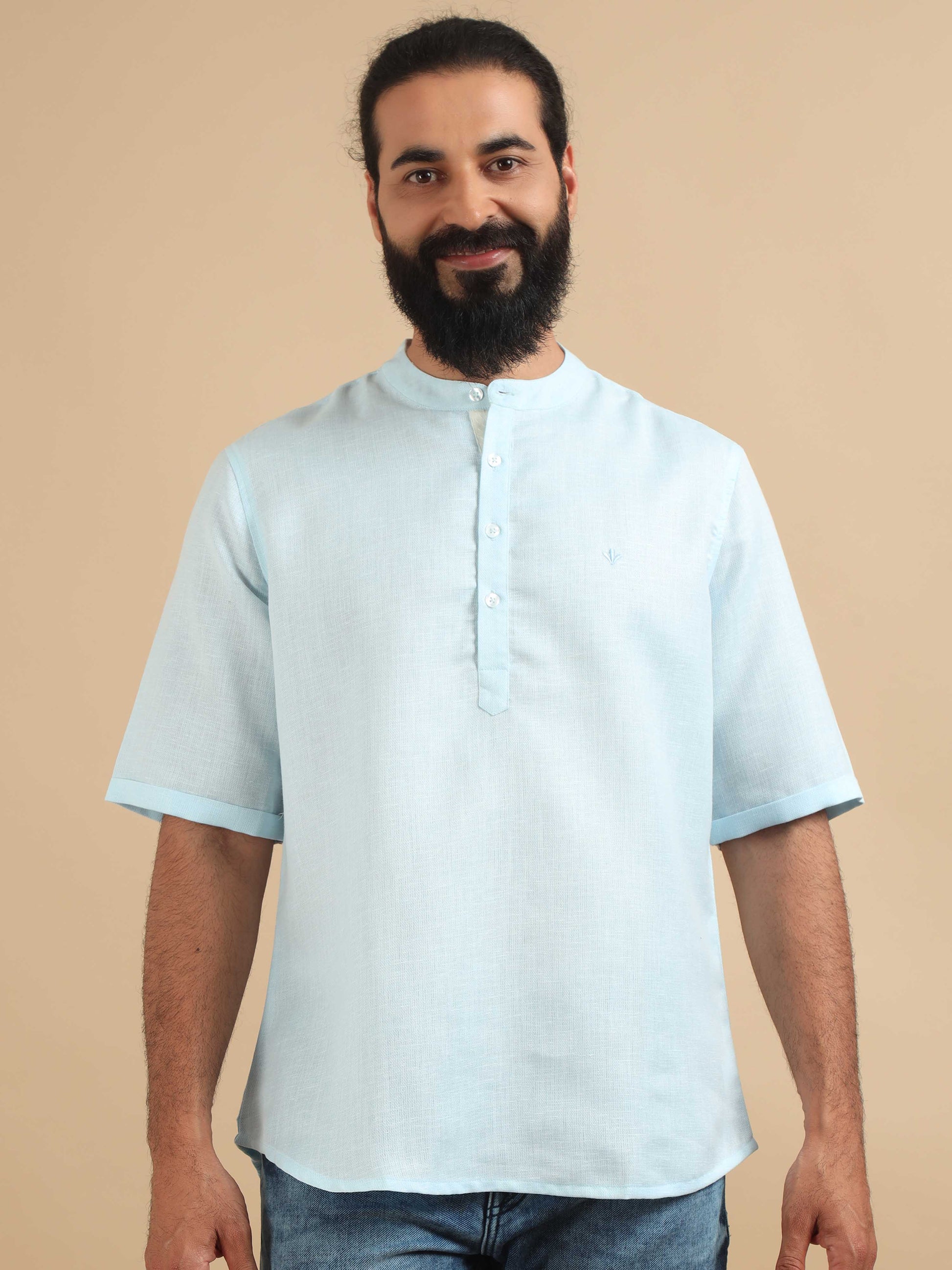 Powder Blue Printed Short Kurta for Men