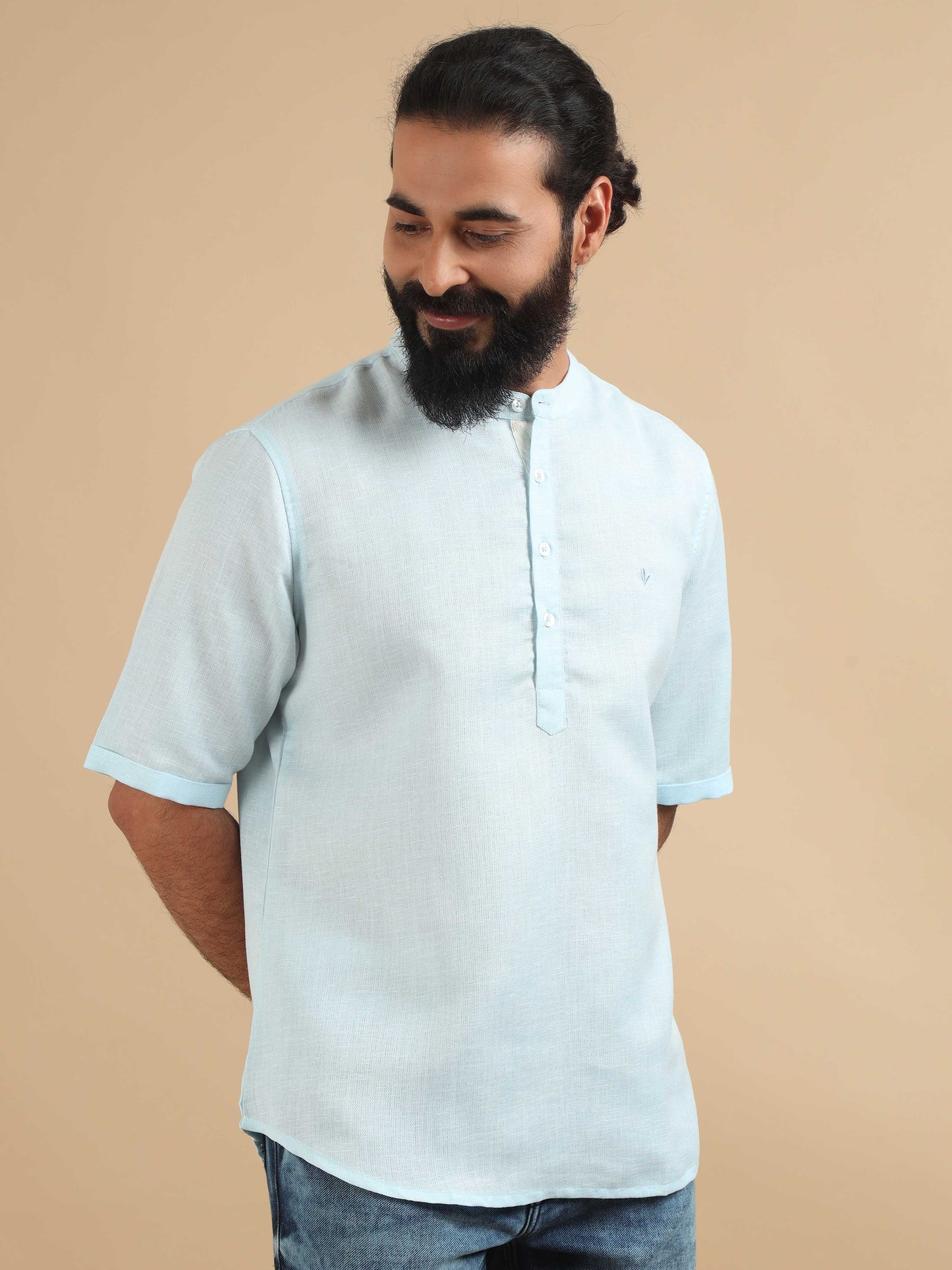 Powder Blue Printed Short Kurta for Men