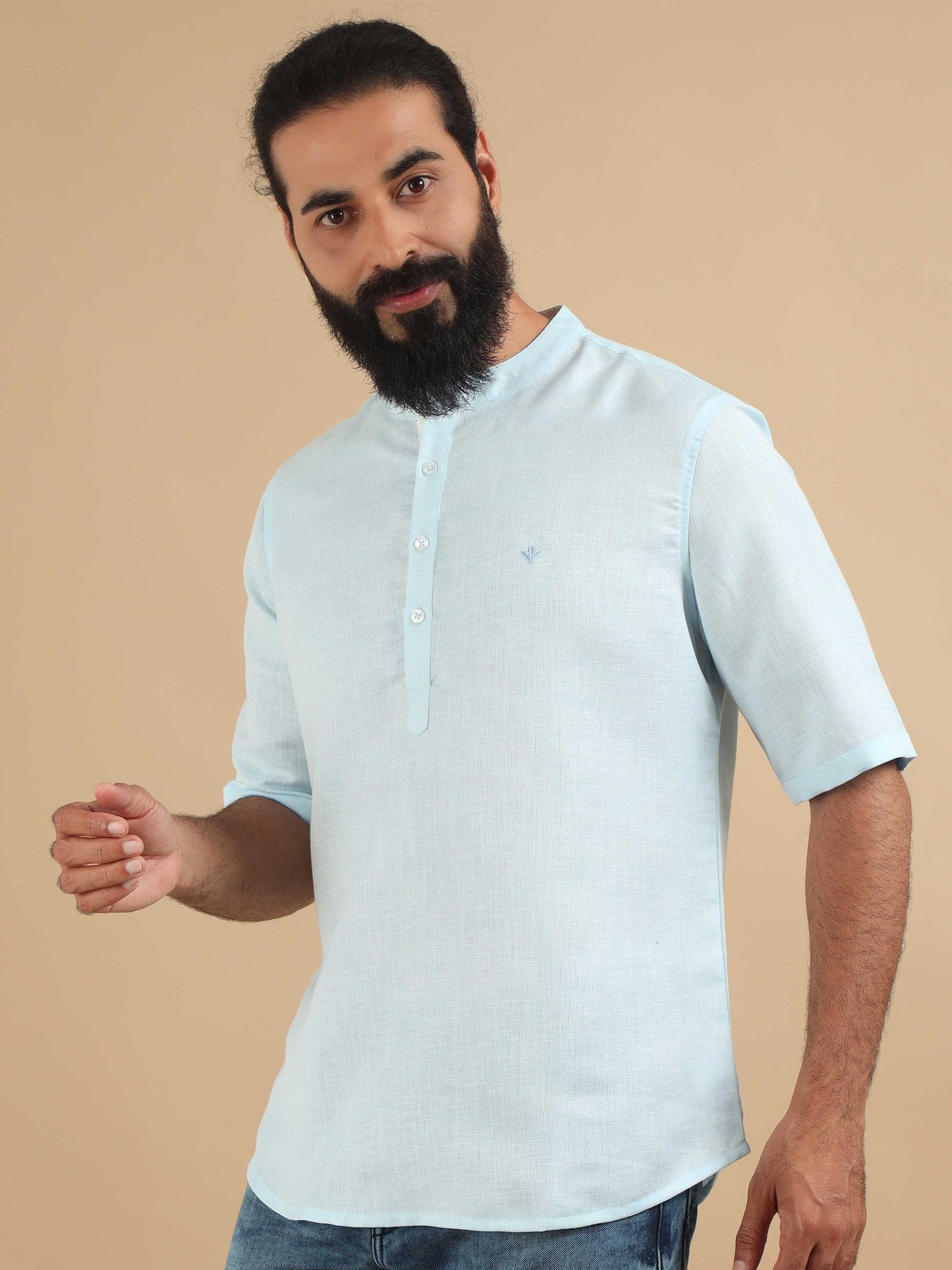 Powder Blue Printed Short Kurta for Men