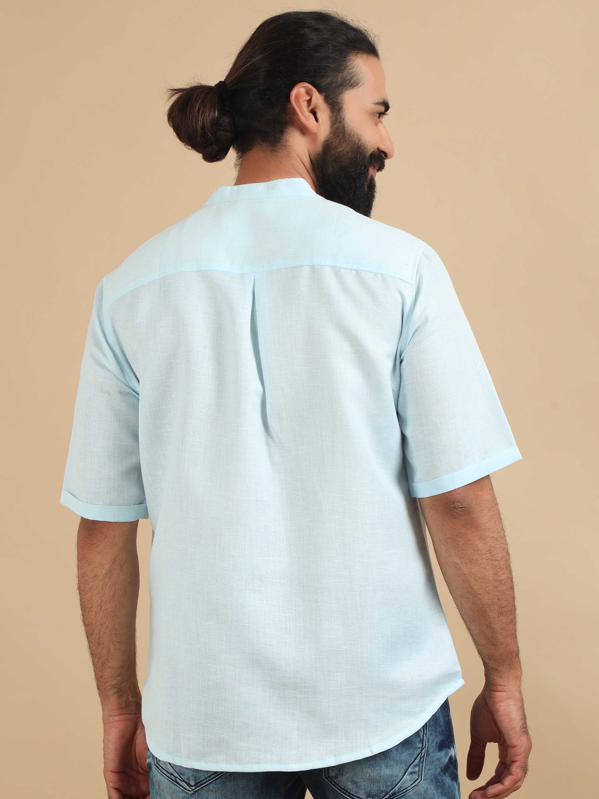 Powder Blue Printed Short Kurta for Men