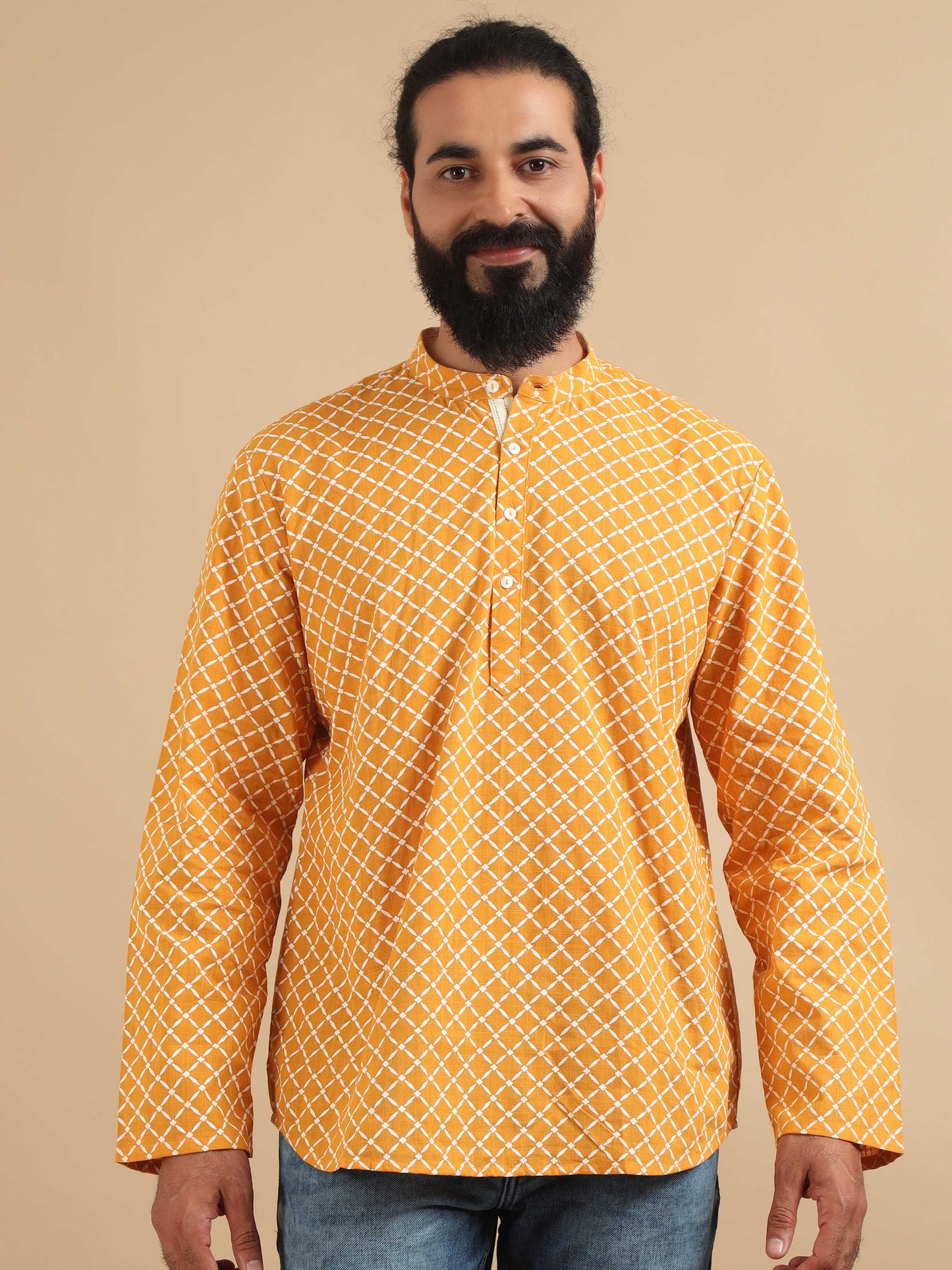 Yellow and White Printed Short Kurta for Men