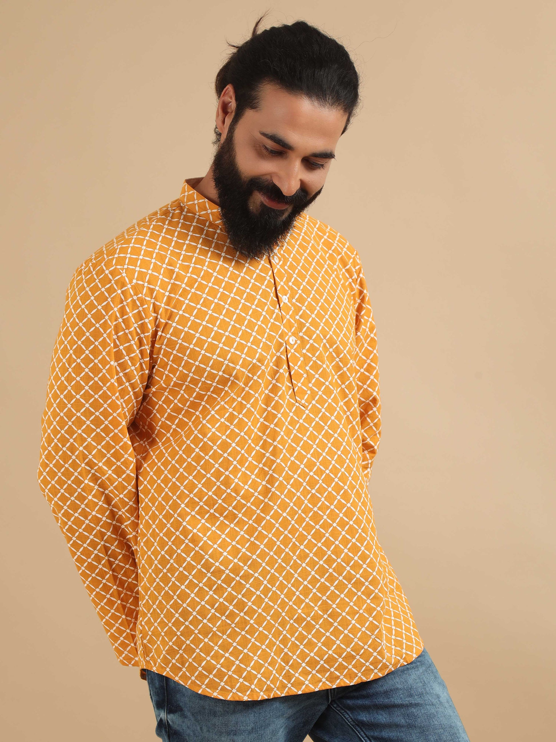 Yellow and White Printed Short Kurta for Men