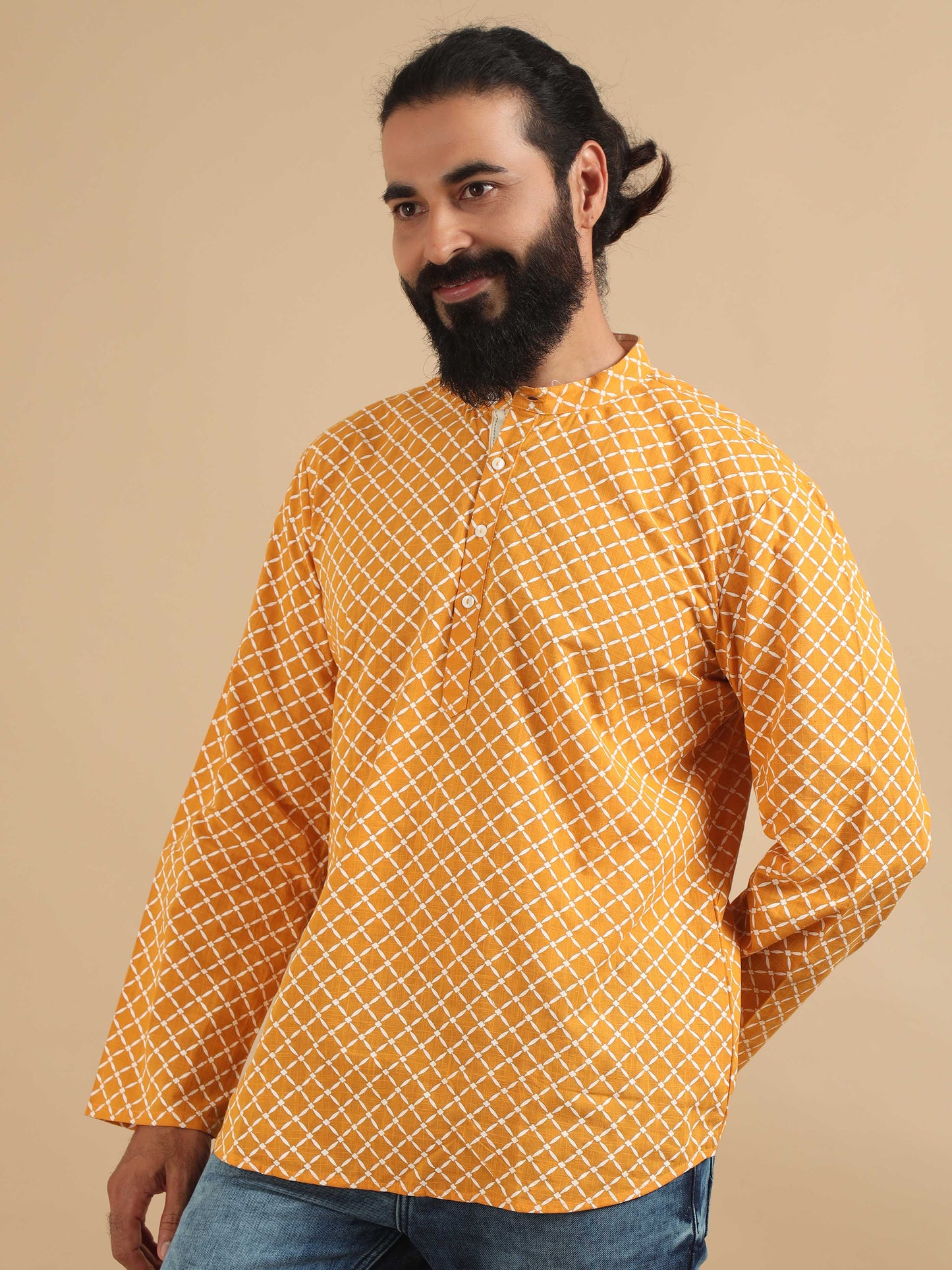 Yellow and White Printed Short Kurta for Men