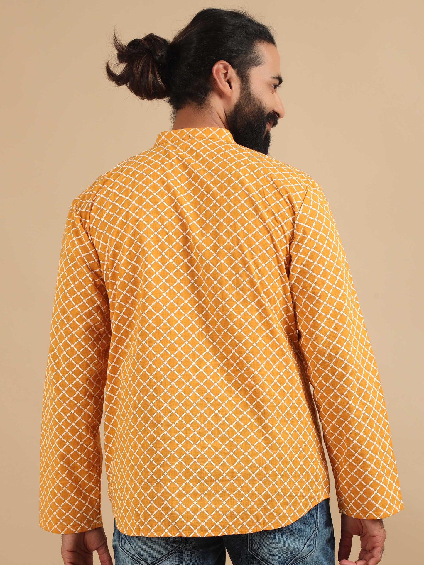 Yellow and White Printed Short Kurta for Men