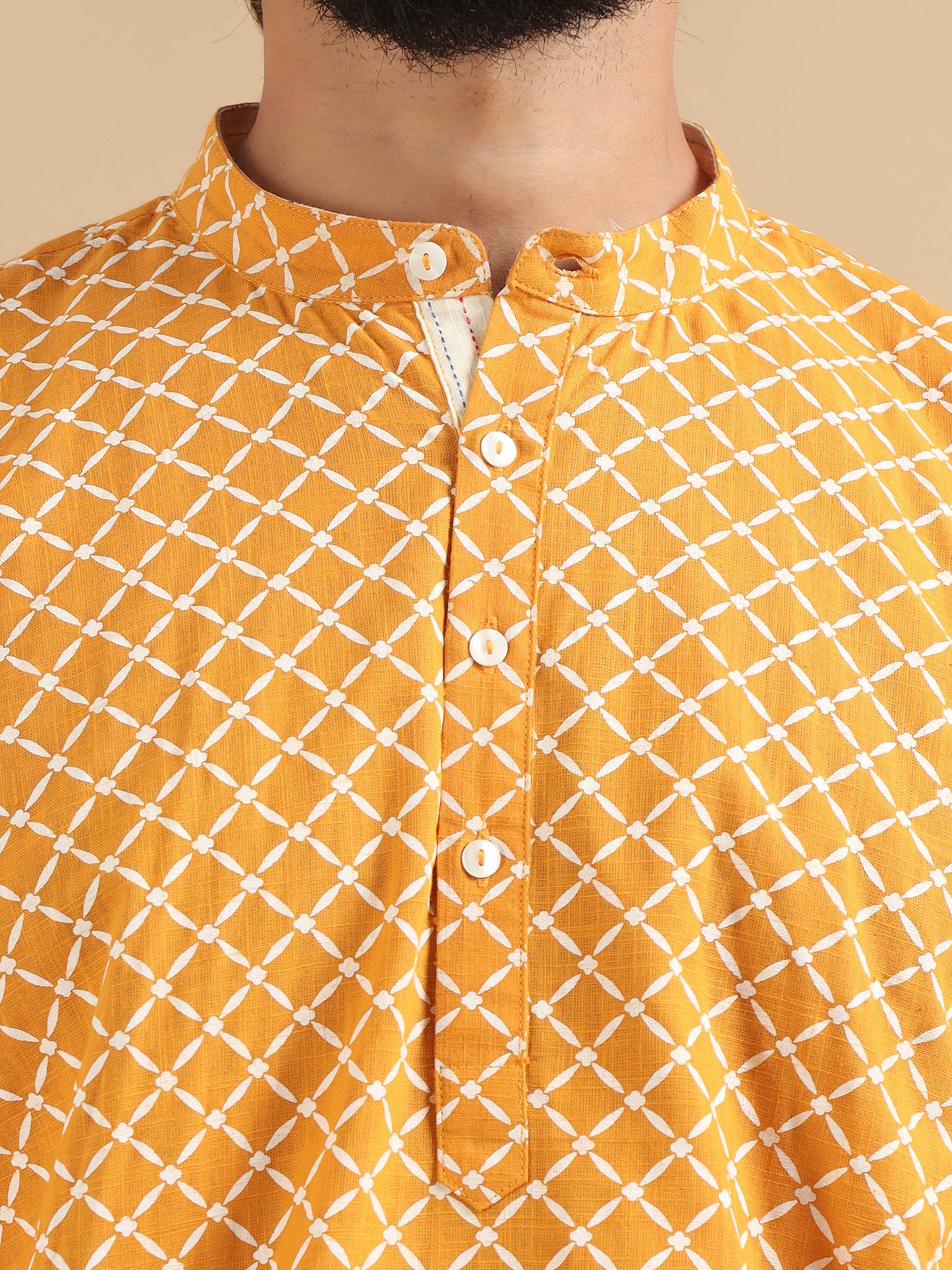 Yellow and White Printed Short Kurta for Men