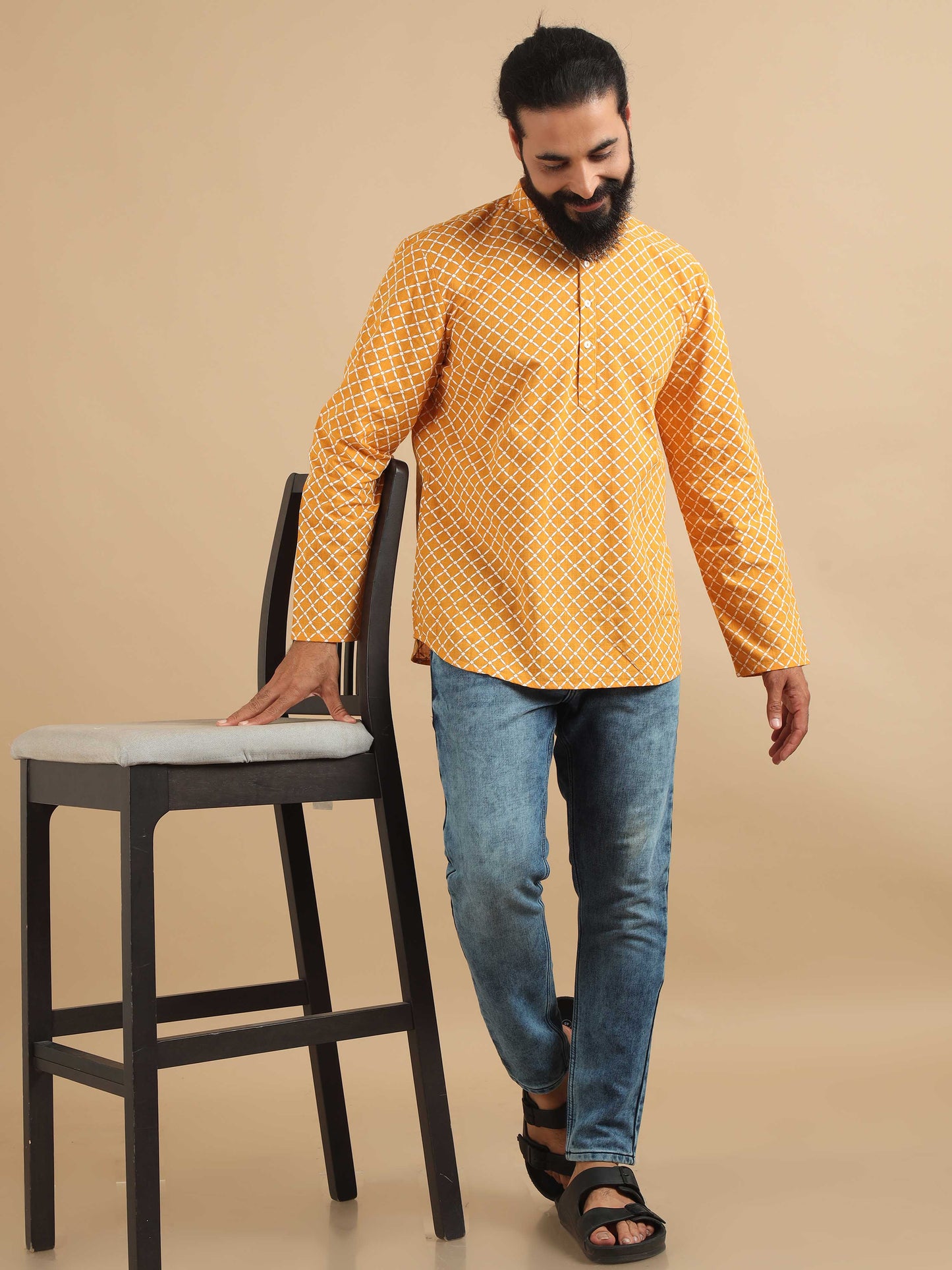 Yellow and White Printed Short Kurta for Men