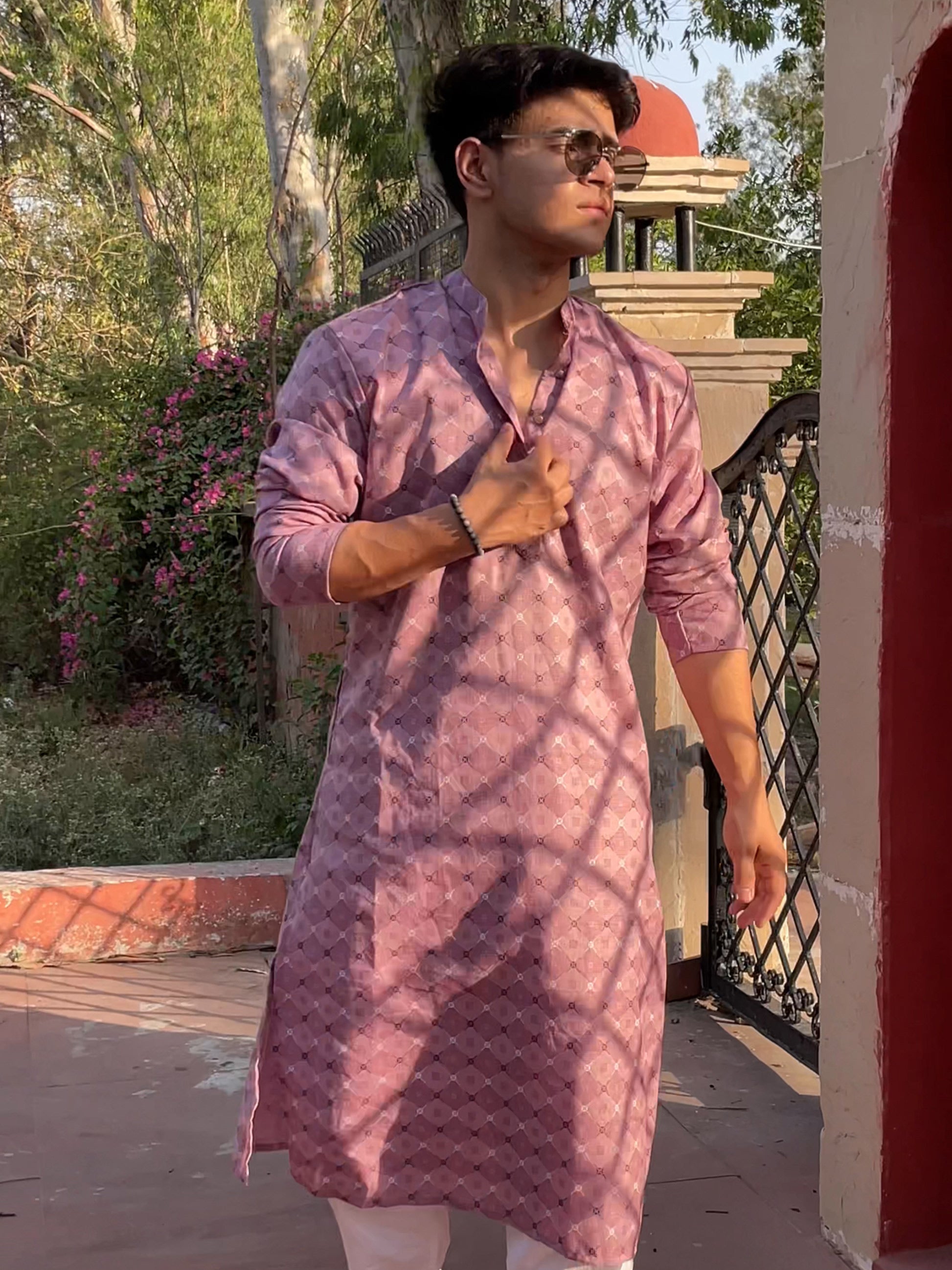 Fabric Lavender Printed Long Kurta for Men