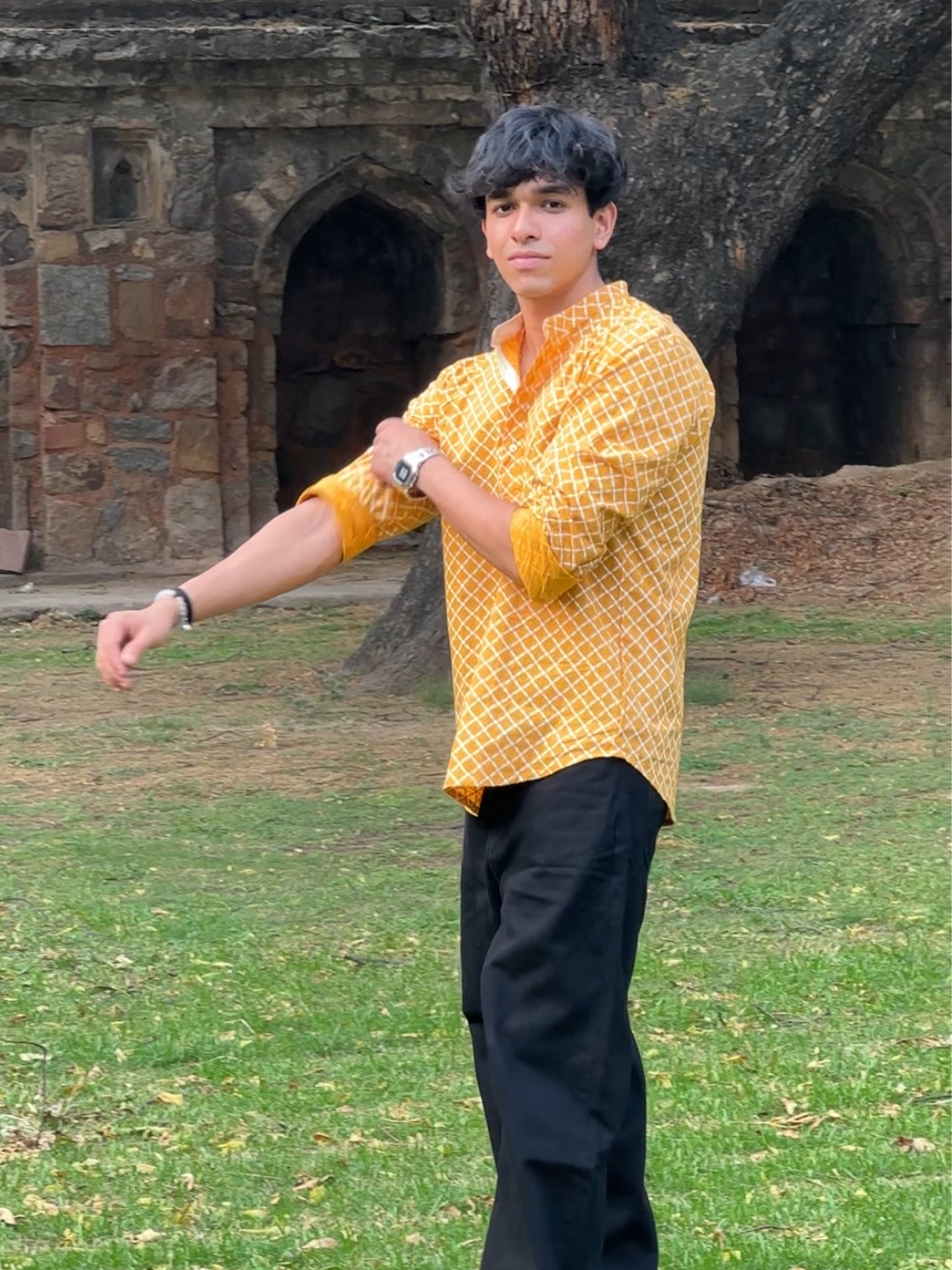 Yellow and White Printed Short Kurta for Men