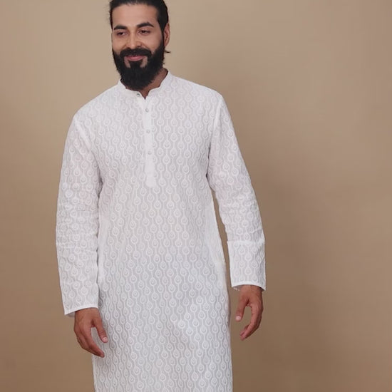 White Chikankari long kurta for men