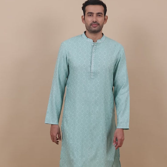 Mint Blue Embroidered Banarasi Long kurta for men 