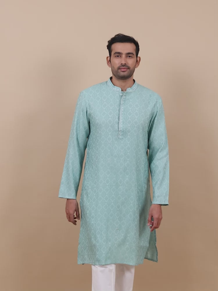 Mint Blue Embroidered Banarasi Long kurta for men 