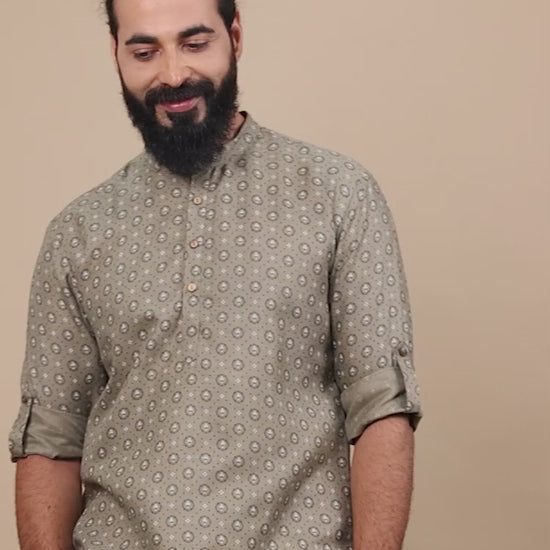 Grey printed half kurta for Men 