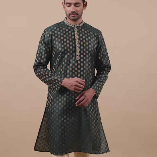 Embroidered Bottle Green Long Kurta for Men 