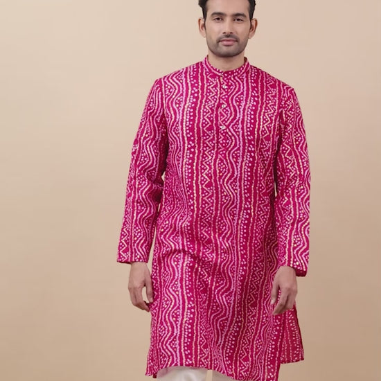 Pink Bandhani Long Printed Kurta for Men