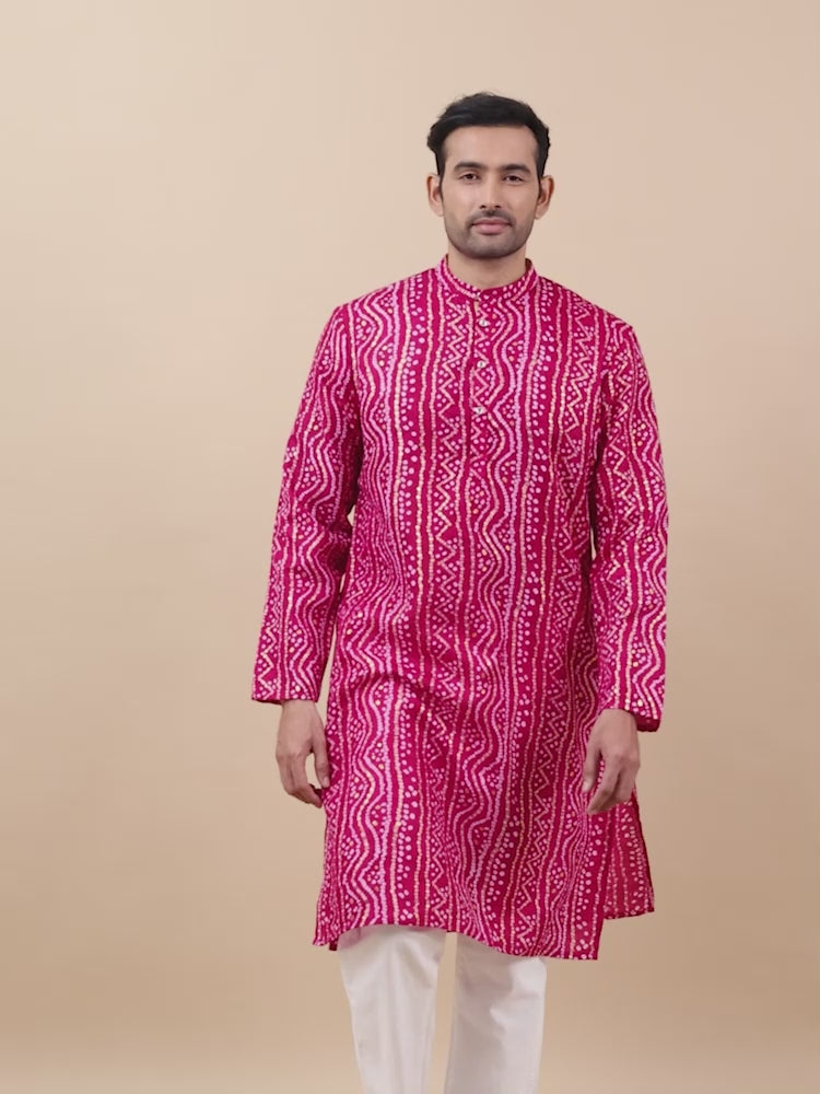 Pink Bandhani Long Printed Kurta for Men