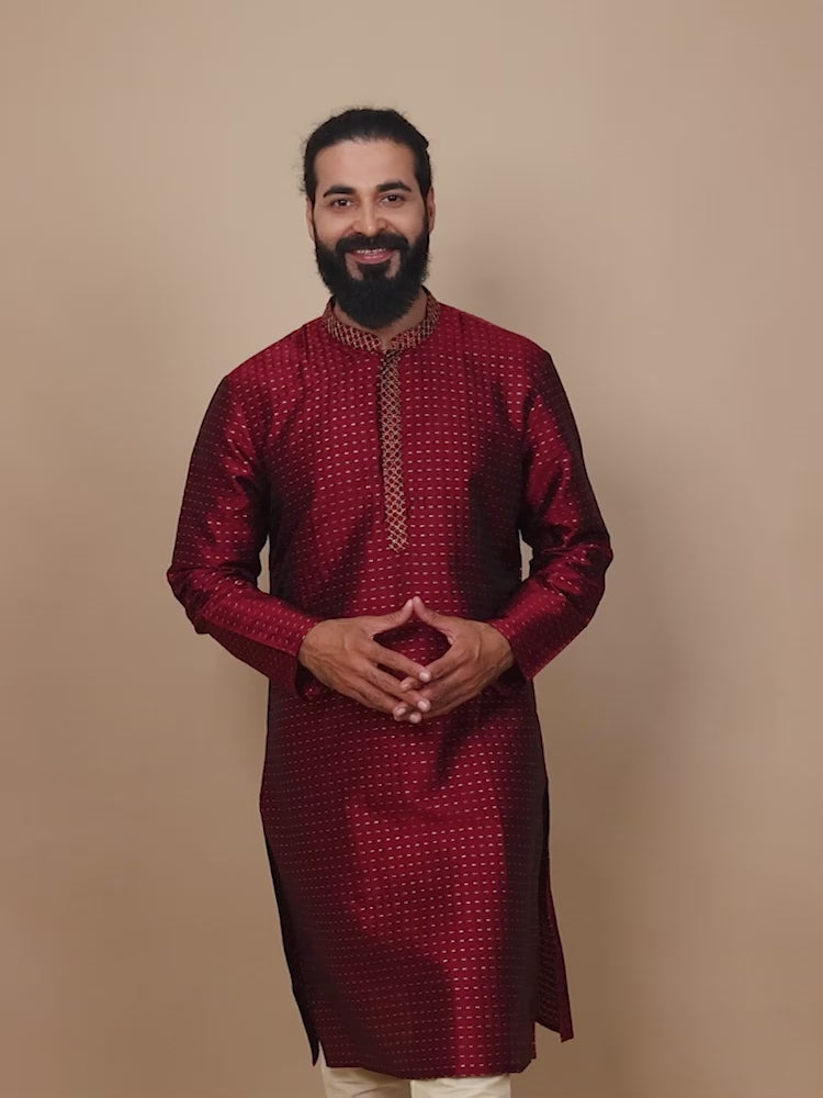 Maroon With Gold Embroidered Knee Length Kurta for Men