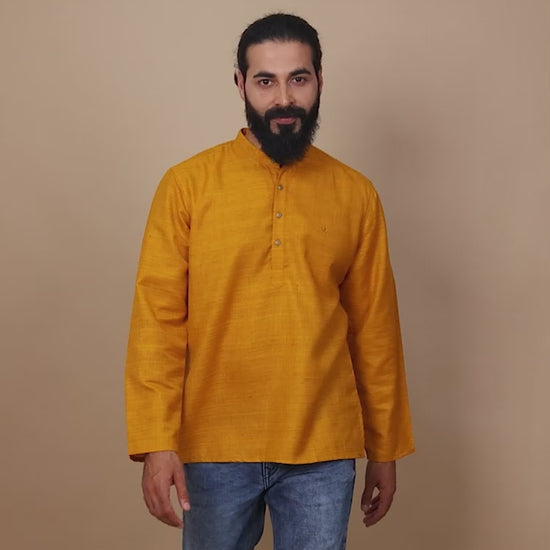 Golden Yellow cotton short kurta for mens