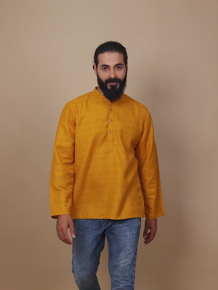 Golden Yellow cotton short kurta for mens