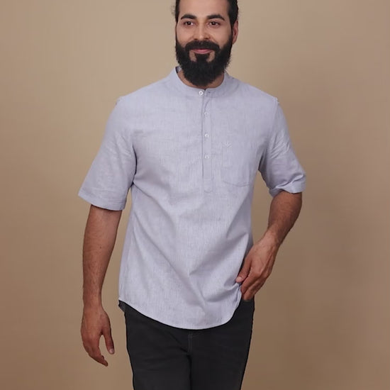 Moon Blue Cotton Short Kurta For Men