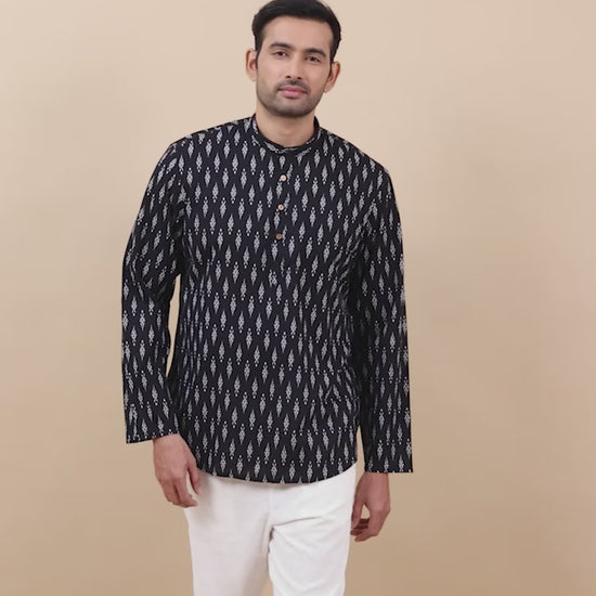 Black Jaipur Printed Short Kurta for Men