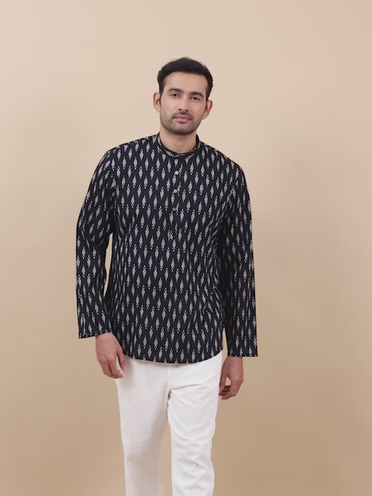 Black Jaipur Printed Short Kurta for Men