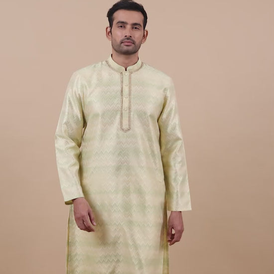 Banarasi Brocade Green and Grey Long Kurta for Men