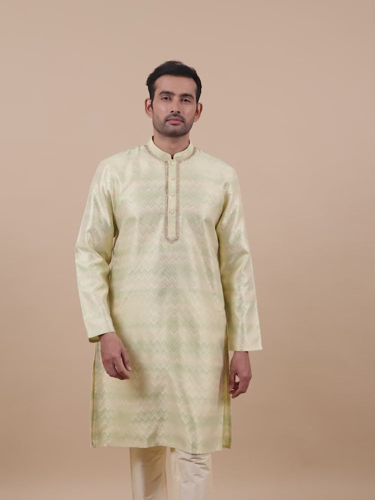 Banarasi Brocade Green and Grey Long Kurta for Men