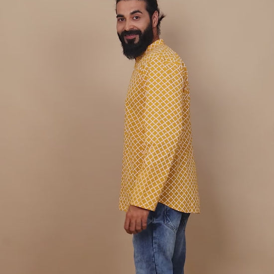 Yellow and White Printed Short Kurta for Men