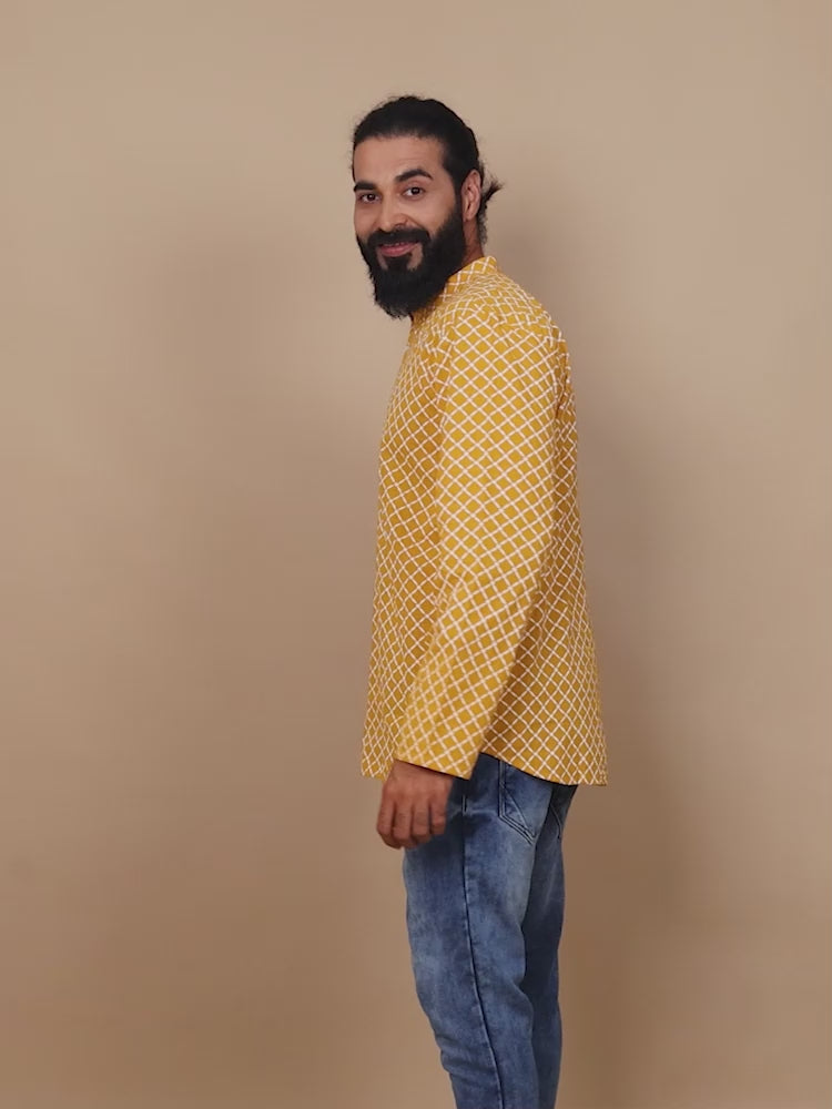 Yellow and White Printed Short Kurta for Men