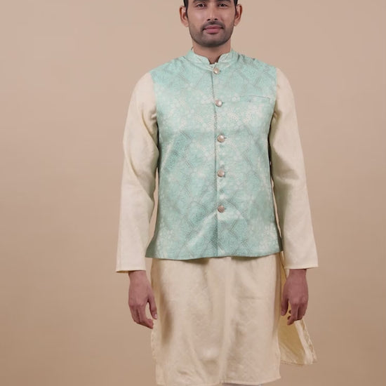 Green Brocade Nehru Jacket for Men