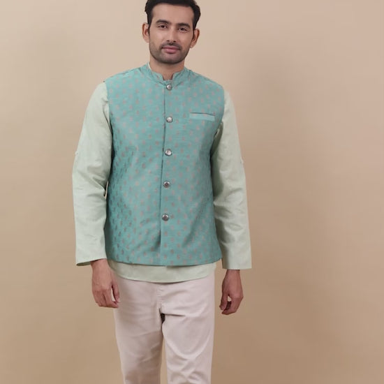 Teal Grey Banarasi Buta Nehru Jacket