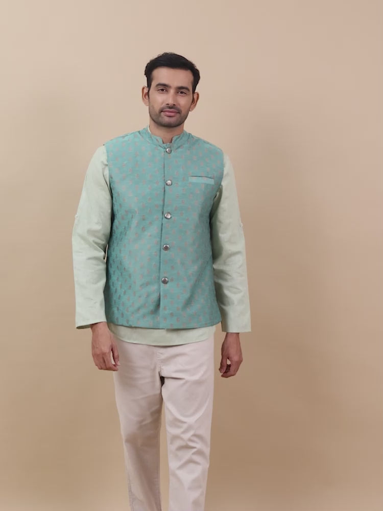 Teal Grey Banarasi Buta Nehru Jacket