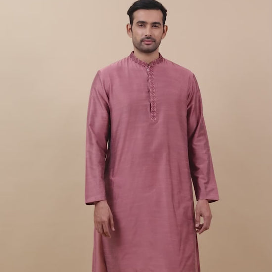 Dusty Rose Embroidered Long Kurta for Men 