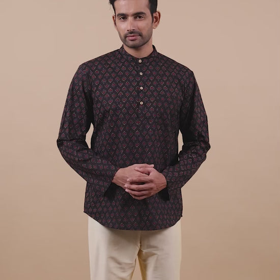 Black Jaipur Print Short Kurta for Men