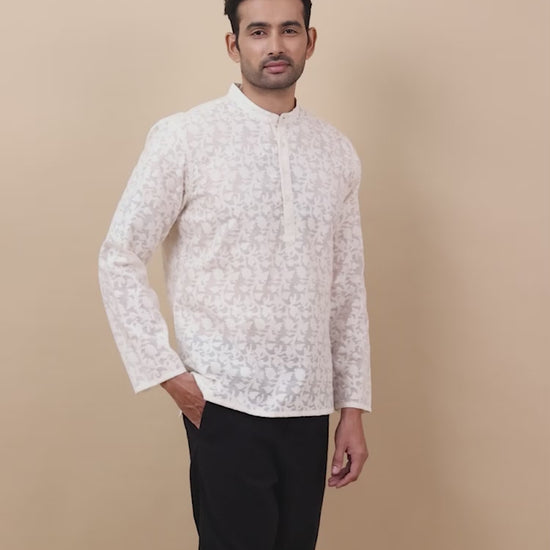 White Banarasi Floral Short Kurta for Men