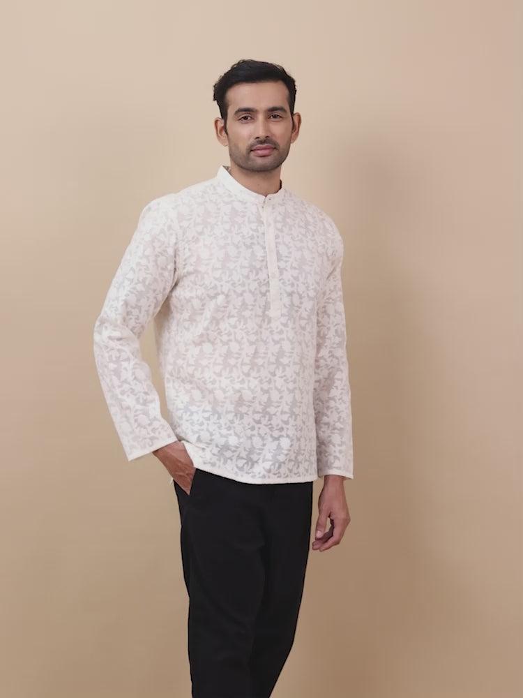 White Banarasi Floral Short Kurta for Men