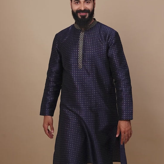 Navy Blue with Gold Embroidered Long Kurta