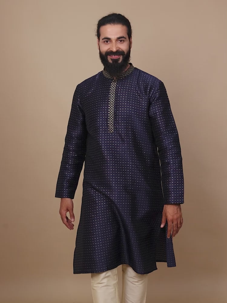 Navy Blue with Gold Embroidered Long Kurta