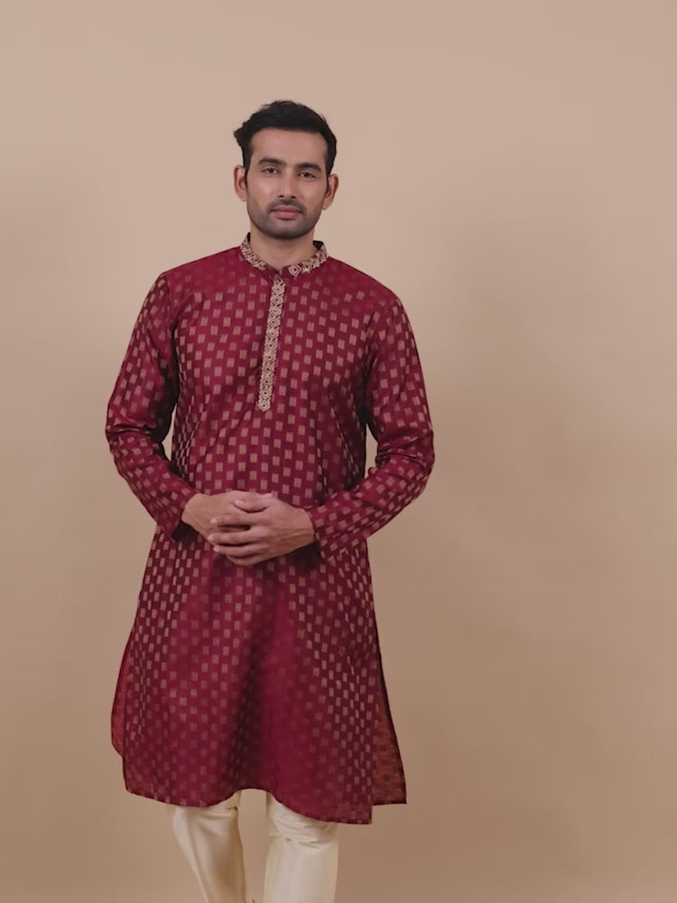 Deep Embroidered Red Long Kurta for men