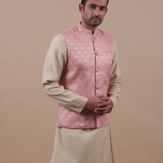 Light Pink Brocade Half Nehru Jacket for Men