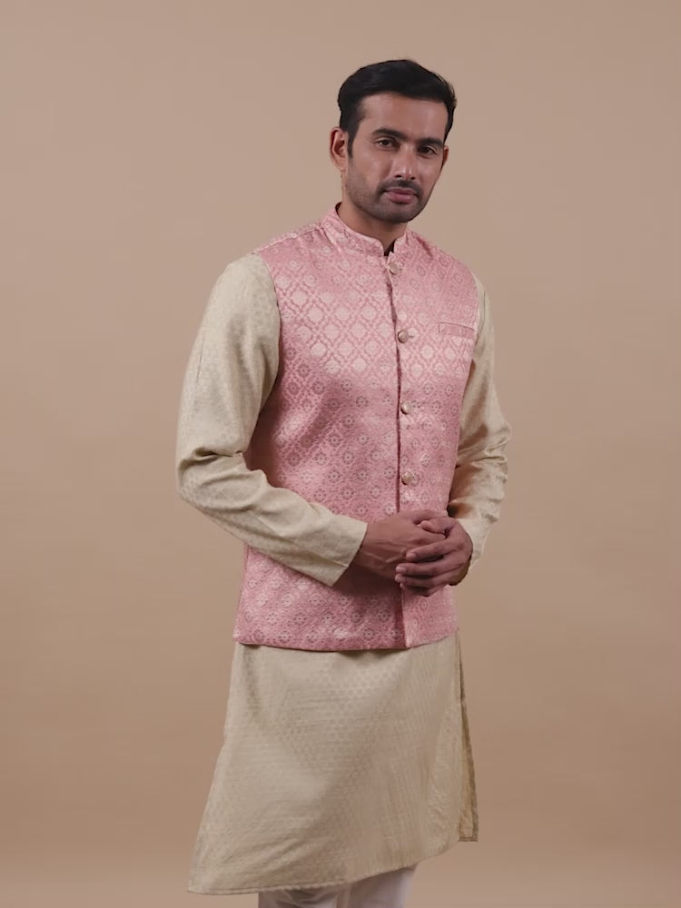 Light Pink Brocade Half Nehru Jacket for Men